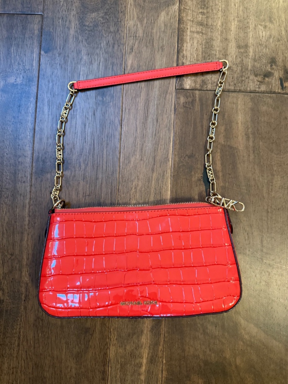 Michael Kors Red Patent Croc Embossed Crossbody Bag Gold Chain Like New